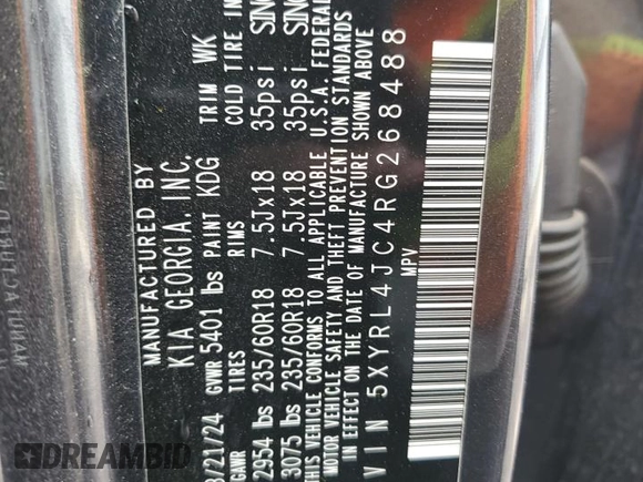2024 Kia Sorento S with VIN 5XYRL4JC4RG268488, listed as a Copart auction lot 64337535 with 17,352 mi miles and Clean title. Bid and sale history available at DreamBid. Image 13.