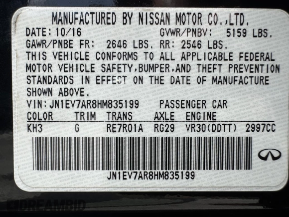 2017 Infiniti Q50 Premium with VIN JN1EV7AR8HM835199, listed as a Copart auction lot 63226895 with 46,714 mi miles and Salvage title. Bid and sale history available at DreamBid. Image 15.