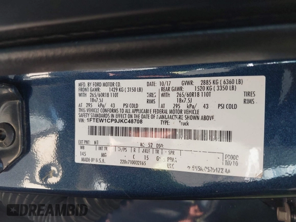 2018 Ford F-150 XL with VIN 1FTEW1CP9JKC48708, listed as a IAAI auction lot 42625137 with 209,479 mi miles and . Bid and sale history available at DreamBid. Image 9.