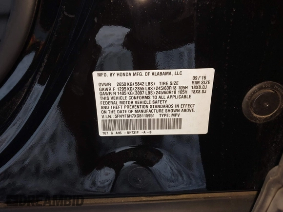 2016 Honda Pilot EX-L with VIN 5FNYF6H7XGB115951, listed as a IAAI auction lot 41642756 with 101,688 mi miles. Bid and sale history available at carsss.com. Image 9.