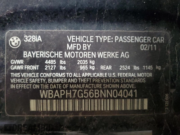 2011 BMW 3 Series 328i with VIN WBAPH7G56BNN04041, listed as a Copart auction lot 62428255 with 142,486 mi miles and Clean title. Bid and sale history available at DreamBid. Image 12.