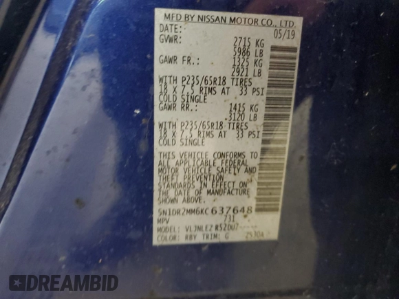 2019 Nissan Pathfinder SL z VIN 5N1DR2MM6KC637648, wystawiony jako Copart lot #59541785 z przebiegiem 107 151 mil mil oraz Czysty tytuł • Clean title. Historia ofert i sprzedaży dostępna na DreamBid. Obrazek 13.