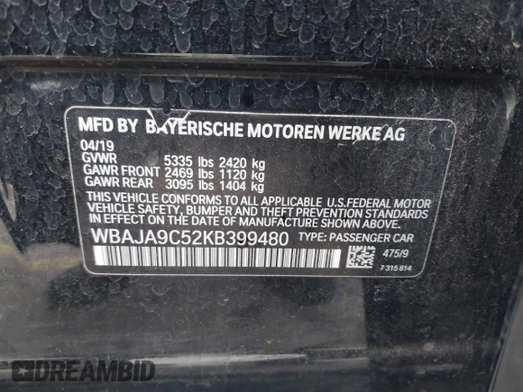 2019 BMW 5 Series 530e with VIN WBAJA9C52KB399480, listed as a IAAI auction lot 41714228 with 90,435 mi miles and . Bid and sale history available at DreamBid. Image 9.