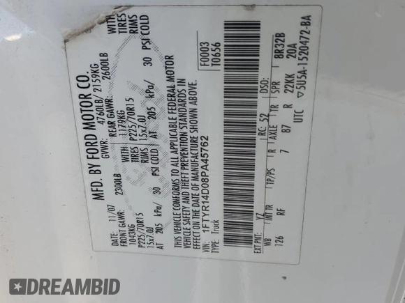 2008 Ford Ranger XL with VIN 1FTYR14D08PA45762, listed as a Copart auction lot 44113575 with 175,040 mi miles and Salvage title. Bid and sale history available at DreamBid. Image 12.
