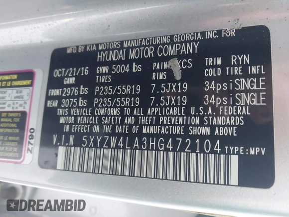 2017 Hyundai Santa Fe Ultimate z VIN 5XYZW4LA3HG472104, wystawiony jako IAAI lot #42352652 z przebiegiem 114 205 mil mil oraz . Historia ofert i sprzedaży dostępna na DreamBid. Obrazek 9.
