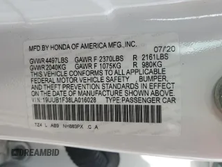 2020 Acura TLX с VIN 19UUB1F38LA016028, выставлен на аукционе Copart как лот 51489205 с пробегом 51 118 миль миль и Списание • Salvage title. История ставок и продаж доступна на DreamBid. Изображение 12.