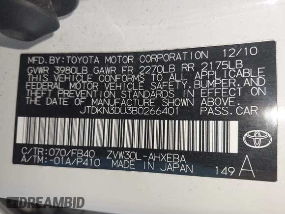 2011 Toyota Prius I with VIN JTDKN3DU3B0266401, listed as a IAAI auction lot 41951276 with 222,102 mi miles and . Bid and sale history available at DreamBid. Image 9.