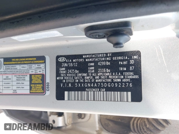 2013 Kia Optima EX with VIN 5XXGN4A75DG092276, listed as a IAAI auction lot 42306138 with 201,649 mi miles and . Bid and sale history available at DreamBid. Image 9.