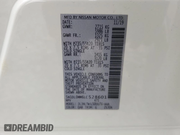 2020 Infiniti QX60 Luxe with VIN 5N1DL0MM6LC528601, listed as a Copart auction lot 49480335 with 63,901 mi miles and Salvage title. Bid and sale history available at DreamBid. Image 16.