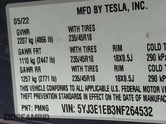 2022 Tesla Model 3 Long Range with VIN 5YJ3E1EB3NF264532, listed as a IAAI auction lot 41842044 with 42,280 mi miles and . Bid and sale history available at DreamBid. Image 9.