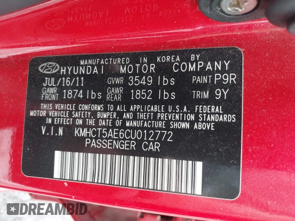 2012 Hyundai Accent GS with VIN KMHCT5AE6CU012772, listed as a IAAI auction lot 42383744 with 185,867 mi miles and . Bid and sale history available at DreamBid. Image 9.
