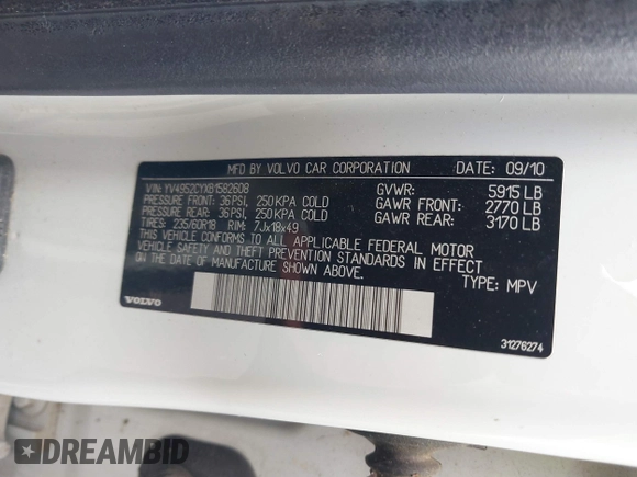 2011 Volvo XC90 I6 with VIN YV4952CYXB1582608, listed as a IAAI auction lot 42055123 with 172,463 mi miles and . Bid and sale history available at DreamBid. Image 9.