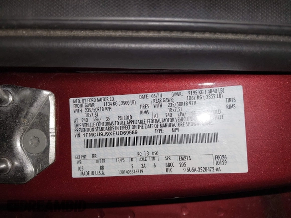 2014 Ford Escape Titanium with VIN 1FMCU9J9XEUD69589, listed as a IAAI auction lot 42031882 with 123,632 mi miles and . Bid and sale history available at DreamBid. Image 9.