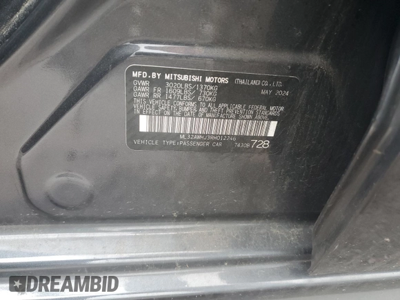 2024 Mitsubishi Mirage Black Edition z VIN ML32AWHJ3RH012246, wystawiony jako Copart lot #59327875 z przebiegiem 14 677 mil mil oraz Szkoda całkowita • Salvage title. Historia ofert i sprzedaży dostępna na DreamBid. Obrazek 12.