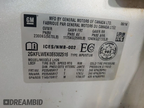 2014 GMC Terrain SLE z VIN 2GKFLWEK0E6382516, wystawiony jako Copart lot #60319535 z przebiegiem 76 877 mil mil oraz Szkoda całkowita • Salvage title. Historia ofert i sprzedaży dostępna na DreamBid. Obrazek 13.