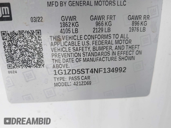 2022 Chevrolet Malibu LT with VIN 1G1ZD5ST4NF134992, listed as a IAAI auction lot 41723955 with 61,678 mi miles and . Bid and sale history available at DreamBid. Image 9.