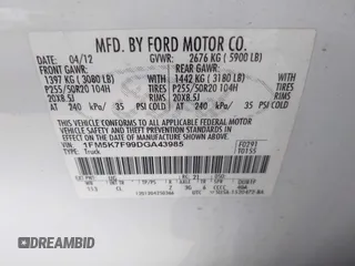 2013 Ford Explorer Limited z VIN 1FM5K7F99DGA43985, wystawiony jako IAAI lot #41522600 z przebiegiem 194 348 mil mil oraz . Historia ofert i sprzedaży dostępna na DreamBid. Obrazek 9.