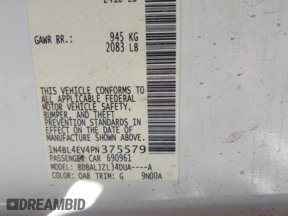 2023 Nissan Altima SL with VIN 1N4BL4EV4PN375579, listed as a IAAI auction lot 41592176 with 29,238 mi miles and . Bid and sale history available at DreamBid. Image 9.