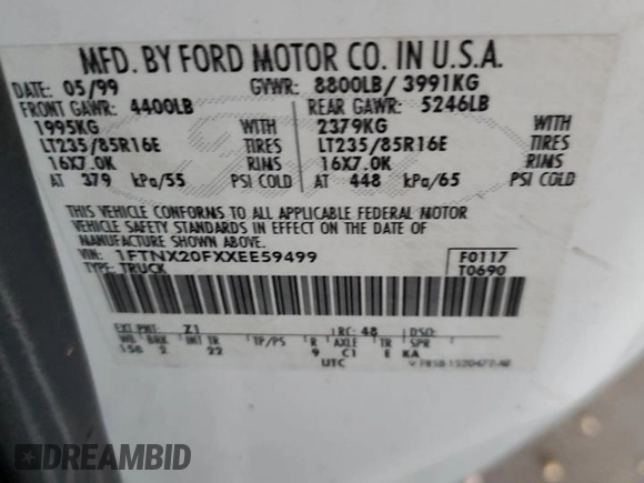 1999 Ford F-250 XL with VIN 1FTNX20FXXEE59499, listed as a Copart auction lot 87511735 with 215,520 mi miles and Salvage title. Bid and sale history available at DreamBid. Image 14.
