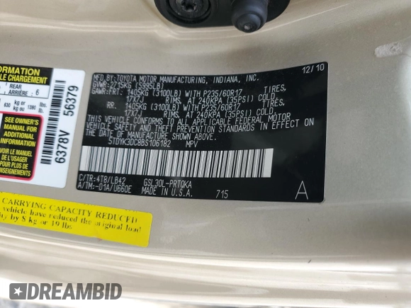 2011 Toyota Sienna XLE AAS с VIN 5TDYK3DC8BS106182, выставлен на аукционе Copart как лот 57728465 с пробегом 168 468 миль миль и Списание • Salvage title. История ставок и продаж доступна на DreamBid. Изображение 14.