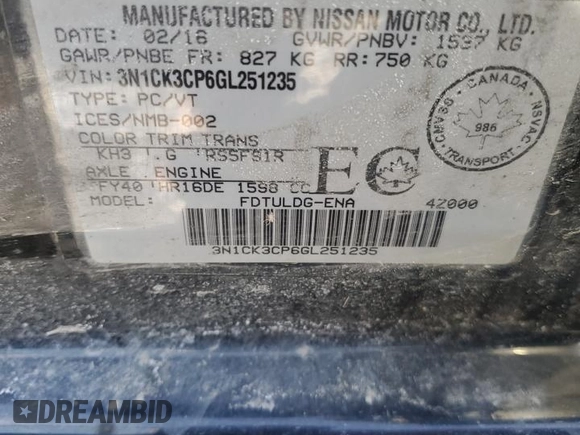2016 Nissan Micra S z VIN 3N1CK3CP6GL251235, wystawiony jako Copart lot #47358345 z przebiegiem Nie podano mil oraz Szkody całkowita. Historia ofert i sprzedaży dostępna na DreamBid. Obrazek 12.