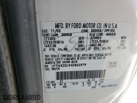 2004 Ford F-250 XL с VIN 1FTNX20L94EB65979, выставлен на аукционе Copart как лот 57833135 с пробегом 231 436 миль миль и Чистый • Clean title. История ставок и продаж доступна на DreamBid. Изображение 12.