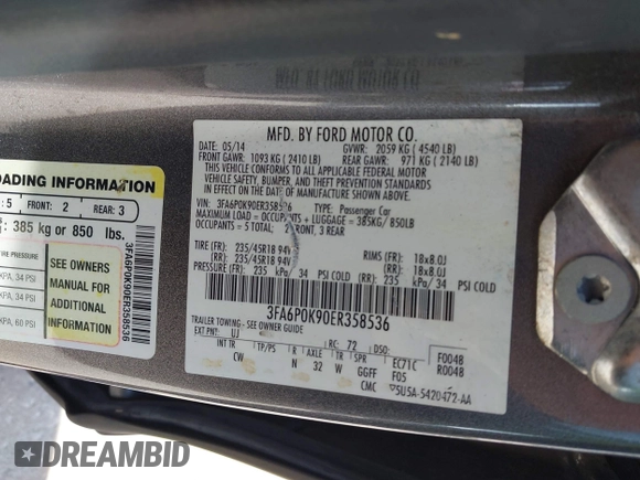 2014 Ford Fusion Titanium with VIN 3FA6P0K90ER358536, listed as a IAAI auction lot 41931474 with 170,856 mi miles. Bid and sale history available at carsss.com. Image 9.