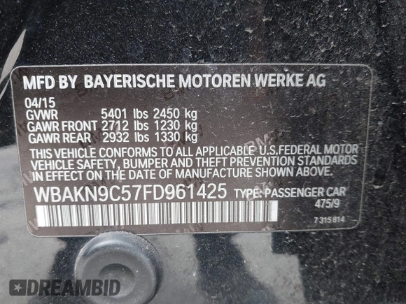 2015 BMW 5 Series 550i z VIN WBAKN9C57FD961425, wystawiony jako IAAI lot #41319817 z przebiegiem 100 233 mil mil oraz . Historia ofert i sprzedaży dostępna na DreamBid. Obrazek 9.