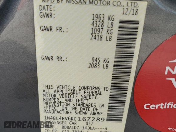 2019 Nissan Altima S with VIN 1N4BL4BV6KC167289, listed as a Copart auction lot 54836695 with Not Provided miles and Non Repairable. Bid and sale history available at DreamBid. Image 12.
