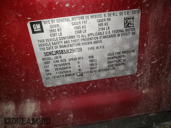 2018 Chevrolet Trax Premier with VIN 3GNCJRSB3JL298729, listed as a Copart auction lot 44631995 with 71,469 mi miles and Salvage Title. Bid and sale history available at carsss.com. Image 13.