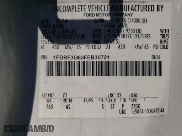 2015 Ford F-350 с VIN 1FDRF3G63FEB30721, выставлен на аукционе Copart как лот 73020164 с пробегом 330 236 миль миль и Чистый • Clean title. История ставок и продаж доступна на DreamBid. Изображение 12.