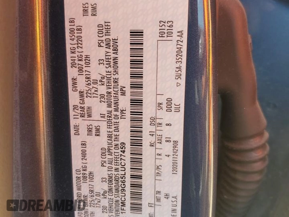 2020 Ford Escape SE z VIN 1FMCU9G65LUC77459, wystawiony jako Copart lot #55976305 z przebiegiem 76 576 mil mil oraz Szkoda całkowita • Salvage title. Historia ofert i sprzedaży dostępna na DreamBid. Obrazek 13.