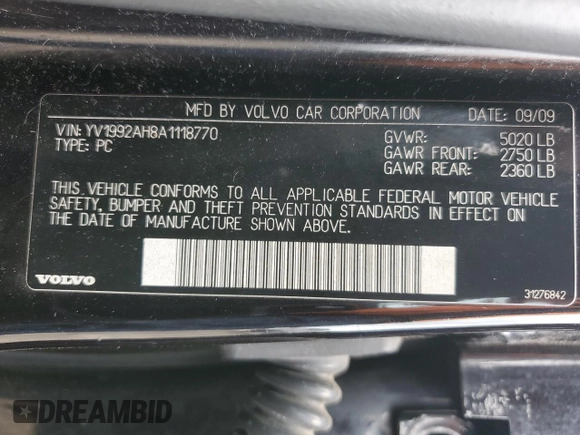 2010 Volvo S80 I6 Turbo with VIN YV1992AH8A1118770, listed as a Copart auction lot 78485004 with 226,153 mi miles and Non Repairable. Bid and sale history available at carsss.com. Image 12.