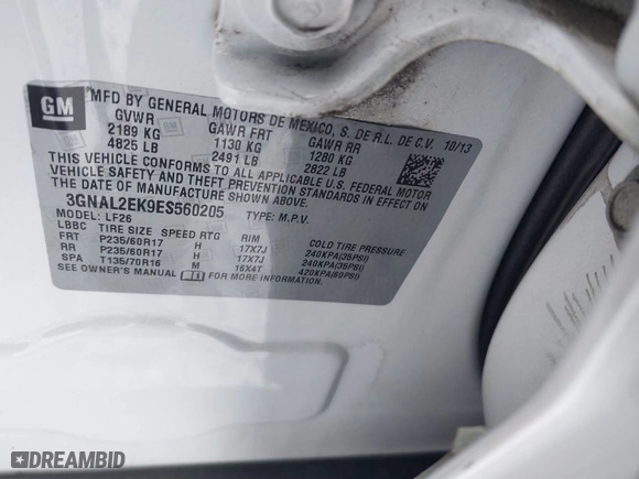 2014 Chevrolet Captiva Sport Fleet LS with VIN 3GNAL2EK9ES560205, listed as a IAAI auction lot 41314802 with 115,379 mi miles. Bid and sale history available at carsss.com. Image 9.