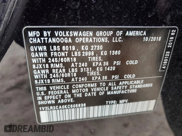 2019 Volkswagen Atlas SE with VIN 1V2LR2CA0KC505636, listed as a Copart auction lot 47648835 with 107,426 mi miles and Salvage title. Bid and sale history available at DreamBid. Image 13.