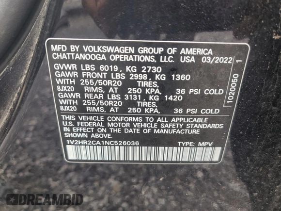 2022 Volkswagen Atlas SE with VIN 1V2HR2CA1NC526036, listed as a Copart auction lot 60133505 with 52,365 mi miles and Salvage title. Bid and sale history available at DreamBid. Image 13.
