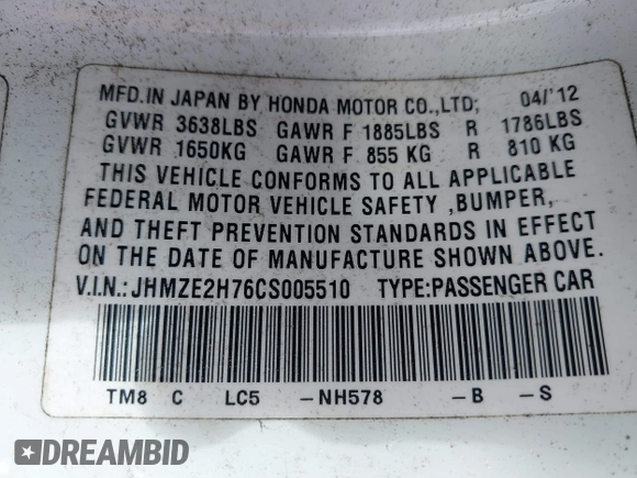 2012 Honda Insight EX z VIN JHMZE2H76CS005510, wystawiony jako IAAI lot #41793802 z przebiegiem 142 178 mil mil oraz . Historia ofert i sprzedaży dostępna na DreamBid. Obrazek 9.