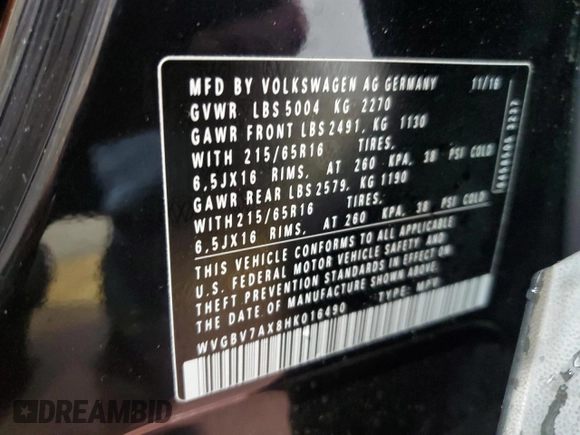 2017 Volkswagen Tiguan S with VIN WVGBV7AX8HK016490, listed as a Copart auction lot 56222815 with 48,439 mi miles and Salvage Title. Bid and sale history available at DreamBid. Image 13.