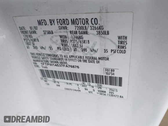 2007 Ford F-150 XLT with VIN 1FTPW14537FA76876, listed as a IAAI auction lot 42038390 with 172,219 mi miles. Bid and sale history available at carsss.com. Image 9.
