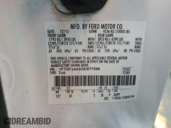 2016 Ford Super Duty F-250 SRW XL with VIN 1FTBF2A69GEB77598, listed as a Copart auction lot 83483424 with 0 mi miles and Salvage Title. Bid and sale history available at carsss.com. Image 12.