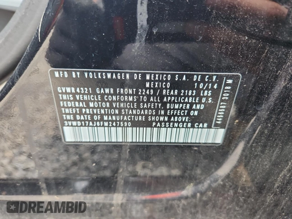 2015 Volkswagen Jetta SE с VIN 3VWD17AJ6FM247590, выставлен на аукционе Copart как лот 63110385 с пробегом 193 987 миль миль и Чистый • Clean title. История ставок и продаж доступна на DreamBid. Изображение 12.