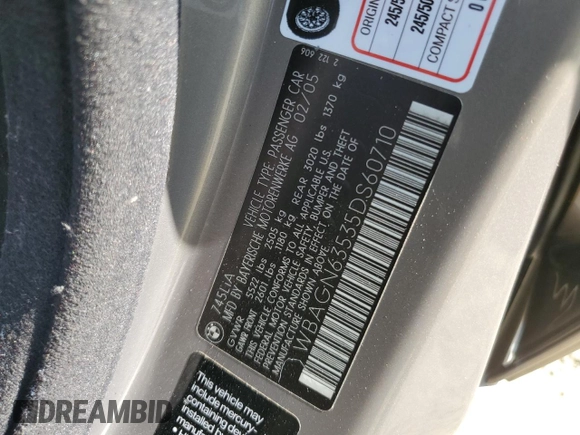 2005 BMW 7 Series 745Li z VIN WBAGN63535DS60710, wystawiony jako Copart lot #58921295 z przebiegiem 94 748 mil mil oraz Szkoda całkowita • Salvage title. Historia ofert i sprzedaży dostępna na DreamBid. Obrazek 12.