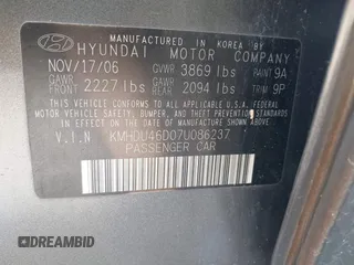 2007 Hyundai Elantra GLS with VIN KMHDU46D07U086237, listed as a IAAI auction lot 42409702 with 93,957 mi miles and . Bid and sale history available at DreamBid. Image 9.
