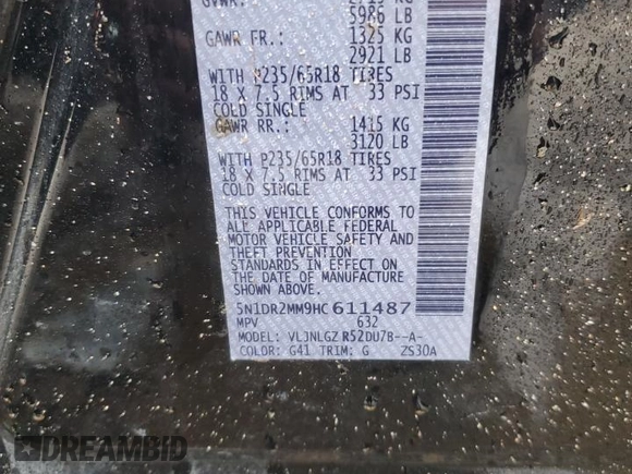 2017 Nissan Pathfinder SL with VIN 5N1DR2MM9HC611487, listed as a Copart auction lot 57460075 with Not provided miles and Clean title. Bid and sale history available at DreamBid. Image 14.