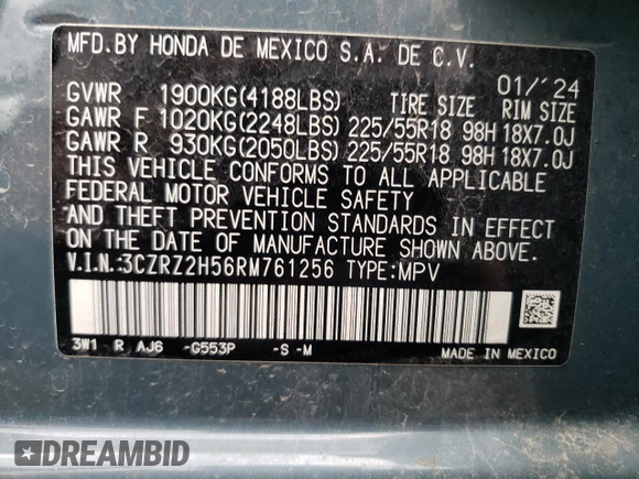 2024 Honda HR-V Sport с VIN 3CZRZ2H56RM761256, выставлен на аукционе Copart как лот 61524145 с пробегом 20 186 миль миль и Списание • Salvage title. История ставок и продаж доступна на DreamBid. Изображение 12.