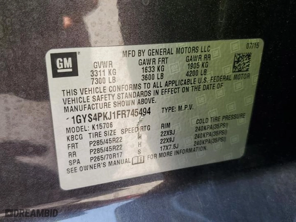2015 Cadillac Escalade Platinum with VIN 1GYS4PKJ1FR745494, listed as a Copart auction lot 62499954 with 45,049 mi miles and Salvage Title. Bid and sale history available at carsss.com. Image 13.