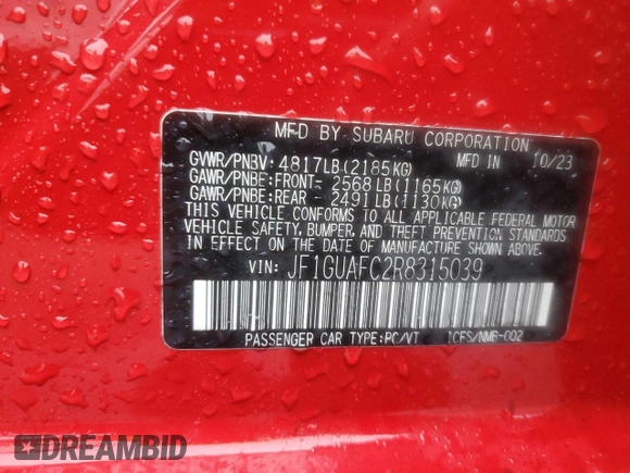 2024 Subaru Impreza Sport with VIN JF1GUAFC2R8315039, listed as a Copart auction lot 82832614 with 5,888 mi miles and Salvage Title. Bid and sale history available at carsss.com. Image 12.