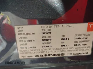 2017 Tesla Model S 100D with VIN 5YJSA1E22HF210635, listed as a IAAI auction lot 41854125 with 112,323 mi miles. Bid and sale history available at carsss.com. Image 9.