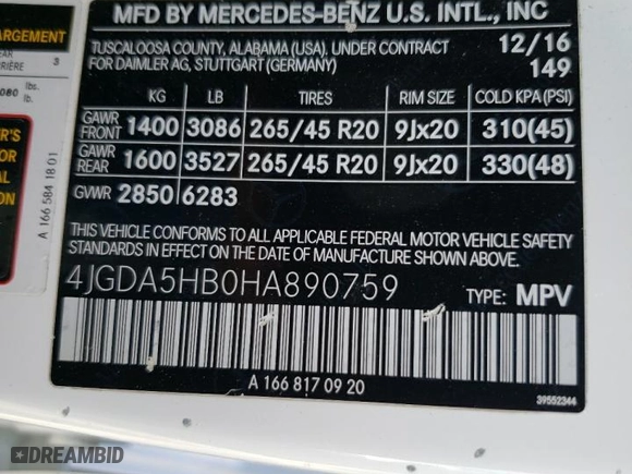 2017 Mercedes-Benz GLE with VIN 4JGDA5HB0HA890759, listed as a Copart auction lot 48992685 with 85,976 mi miles and Salvage Title. Bid and sale history available at carsss.com. Image 13.