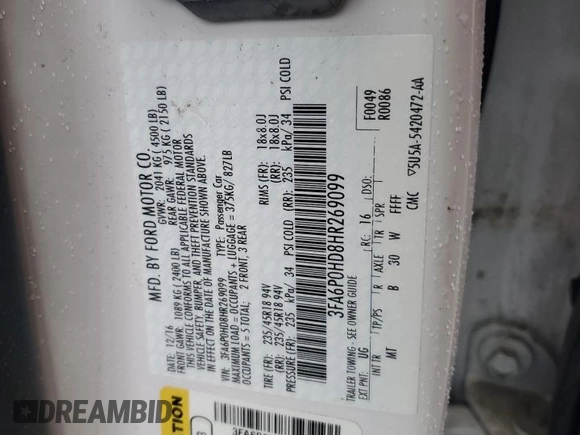 2017 Ford Fusion SE with VIN 3FA6P0HD8HR269099, listed as a Copart auction lot 60148295 with Not provided miles and Salvage title. Bid and sale history available at DreamBid. Image 13.